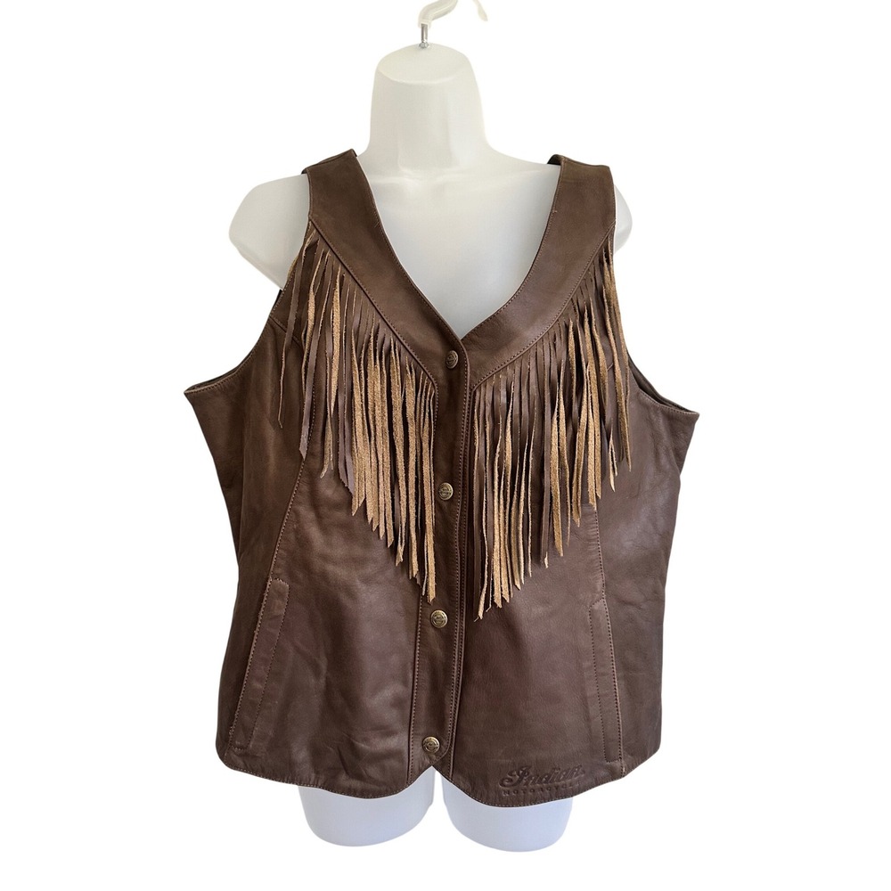Indian Motorcycle Womens‎ Brown Leather Fringe Biker Vest XL Western Embroidered